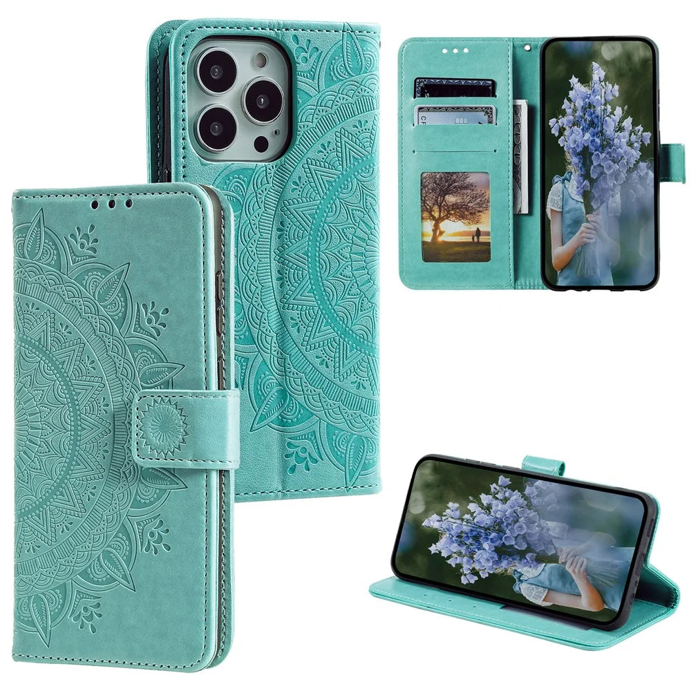 For iPhone 15 Pro Max Mandala Flower Imprint Phone Case PU Leather Wallet Stand Folio Cover with Strap - Green - 7