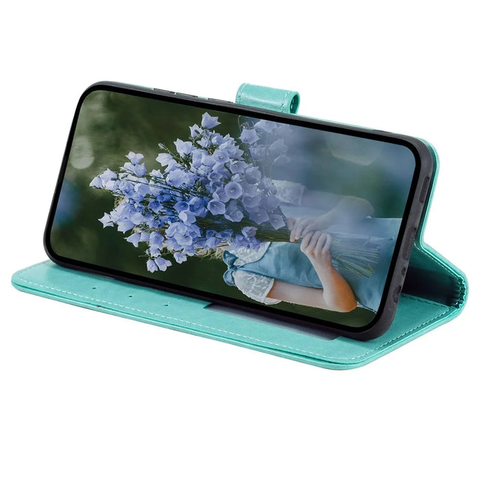 For iPhone 15 PU Leather Stand Cover Mandala Flower Imprint Wallet Phone Case with Strap - Green - 3