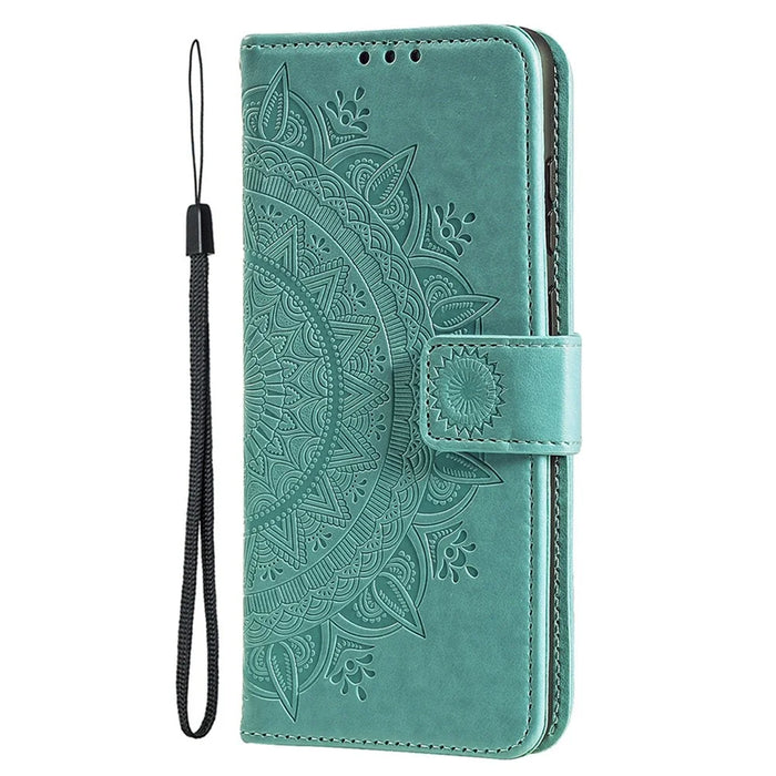 For iPhone 15 PU Leather Stand Cover Mandala Flower Imprint Wallet Phone Case with Strap - Green - 5