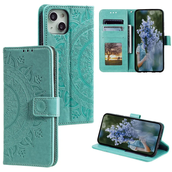 For iPhone 15 PU Leather Stand Cover Mandala Flower Imprint Wallet Phone Case with Strap - Green - 7