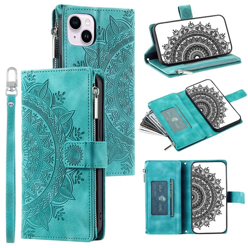 For iPhone 15 Plus Zipper Wallet Leather Phone Case Mandala Flower Imprinted Stand Card Holder Cover with Strap - Green - 1