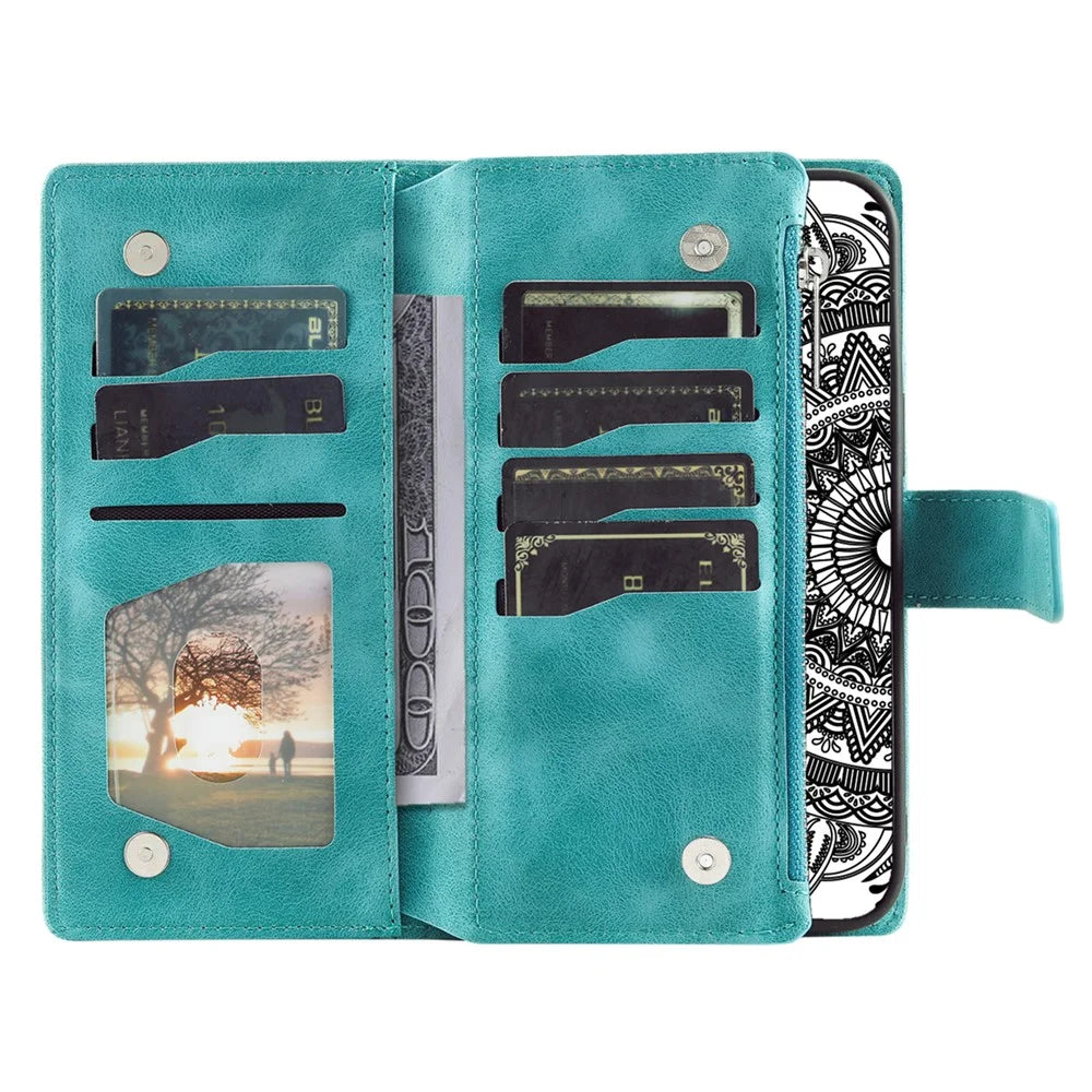 For iPhone 15 Plus Zipper Wallet Leather Phone Case Mandala Flower Imprinted Stand Card Holder Cover with Strap - Green - 2
