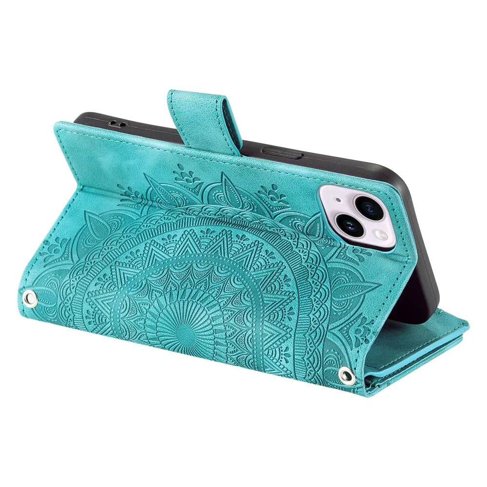 For iPhone 15 Plus Zipper Wallet Leather Phone Case Mandala Flower Imprinted Stand Card Holder Cover with Strap - Green - 5