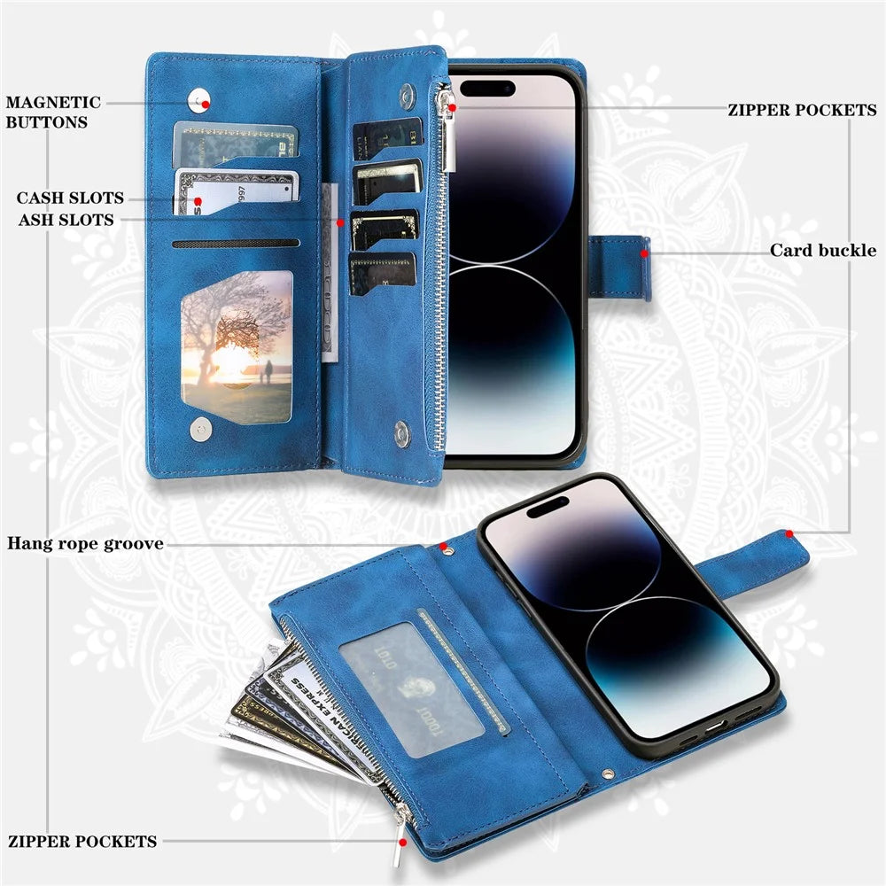 For iPhone 15 Pro Mandala Flower Imprinted Leather Case Card Slots Zipper Pocket Stand Phone Cover with Strap - Blue - 5