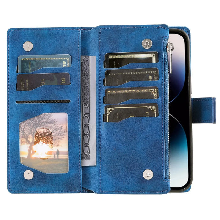 For iPhone 15 Pro Max PU Leather Mandala Flower Imprinted Card Holder Zipper Pocket Wallet Case Stand with Strap - Blue - 2