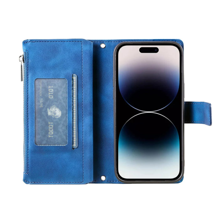 For iPhone 15 Pro Max PU Leather Mandala Flower Imprinted Card Holder Zipper Pocket Wallet Case Stand with Strap - Blue - 3