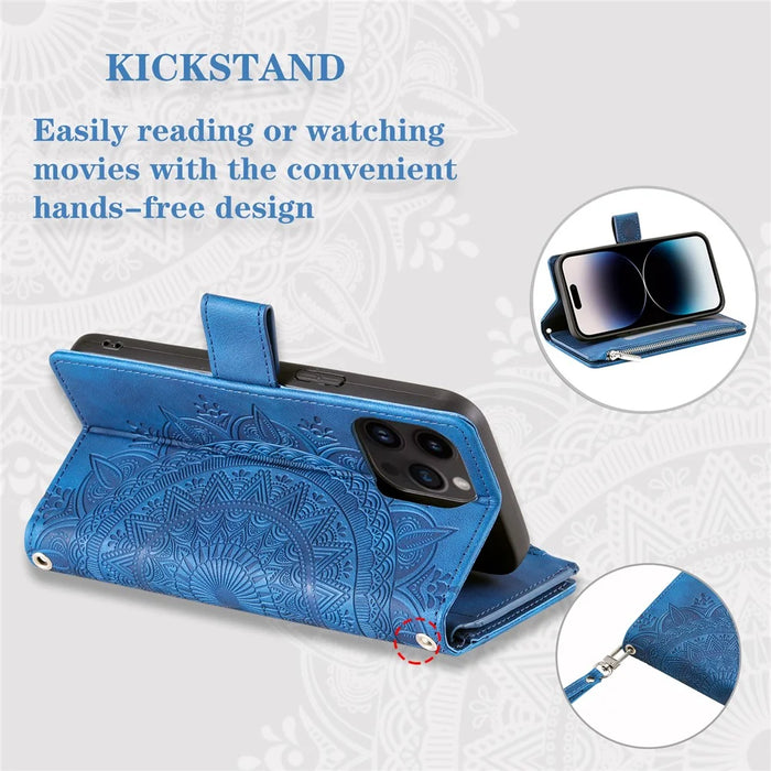 For iPhone 15 Pro Max PU Leather Mandala Flower Imprinted Card Holder Zipper Pocket Wallet Case Stand with Strap - Blue - 7