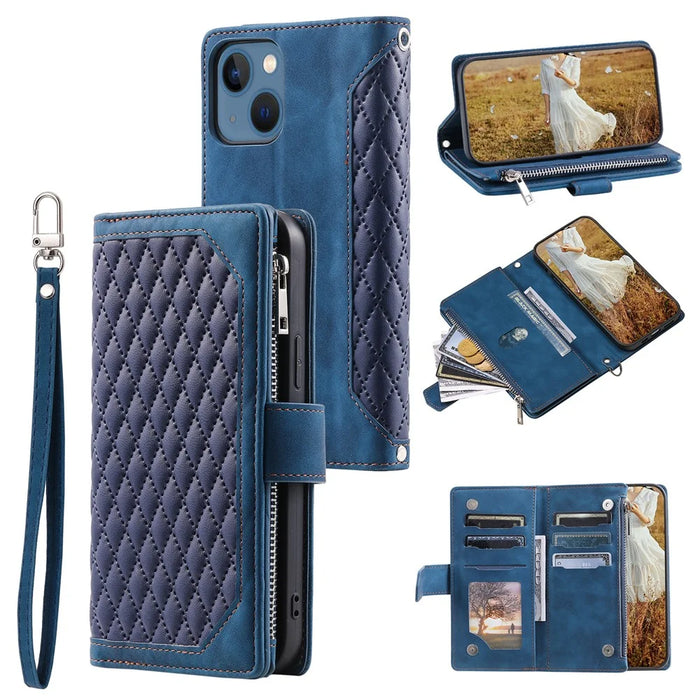 For iPhone 15 Plus PU Leather Phone Case Rhombus Pattern Imprinted Zipper Pocket Wallet Stand Cover with Strap - Blue - 1
