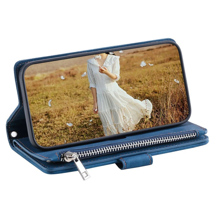 For iPhone 15 Plus PU Leather Phone Case Rhombus Pattern Imprinted Zipper Pocket Wallet Stand Cover with Strap - Blue - 3