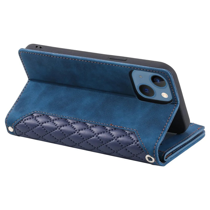 For iPhone 15 Plus PU Leather Phone Case Rhombus Pattern Imprinted Zipper Pocket Wallet Stand Cover with Strap - Blue - 4