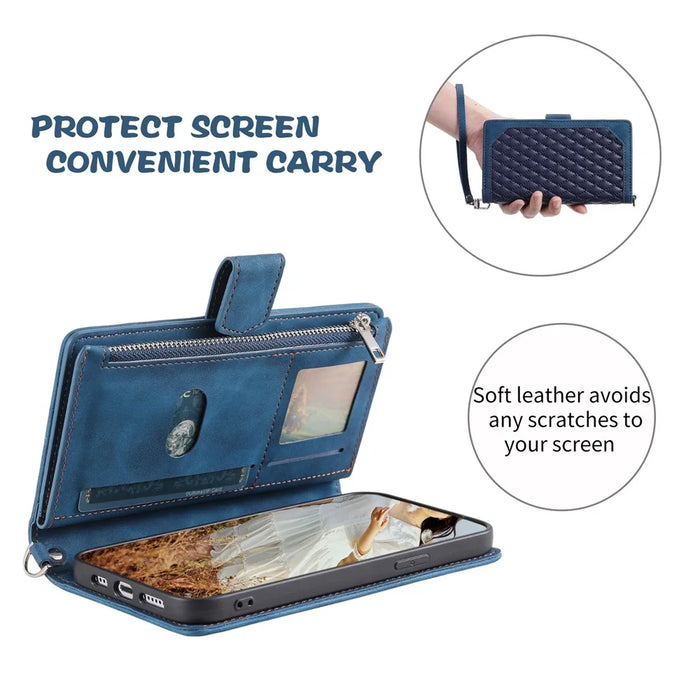 For iPhone 15 Plus PU Leather Phone Case Rhombus Pattern Imprinted Zipper Pocket Wallet Stand Cover with Strap - Blue - 6
