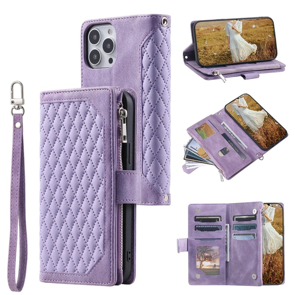 PU Leather Phone Case for iPhone 15 Pro Max Rhombus Pattern Imprinted Zipper Pocket Wallet Stand Cover with Strap - Purple - 1
