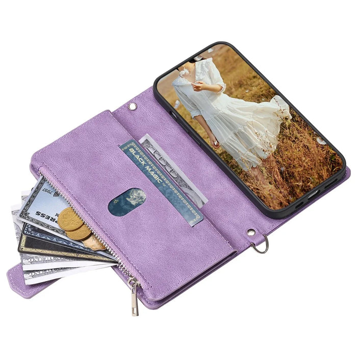 PU Leather Phone Case for iPhone 15 Pro Max Rhombus Pattern Imprinted Zipper Pocket Wallet Stand Cover with Strap - Purple - 2