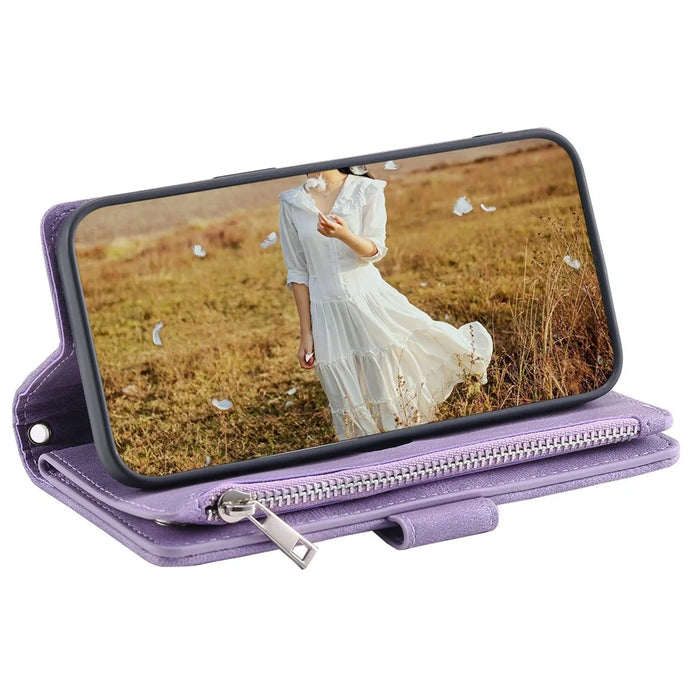 PU Leather Phone Case for iPhone 15 Pro Max Rhombus Pattern Imprinted Zipper Pocket Wallet Stand Cover with Strap - Purple - 3