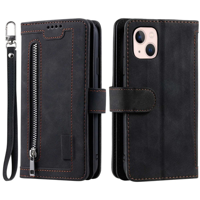 For iPhone 15 Plus PU Leather Cover Zipper Pocket 9 Card Slots Protective Phone Case with Strap - Black - 1