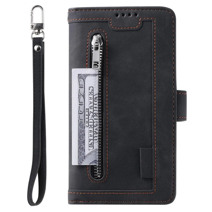 For iPhone 15 Pro Anti-Drop PU Leather Phone Cover Zipper Pocket 9 Card Slots Shockproof Case - Black - 7