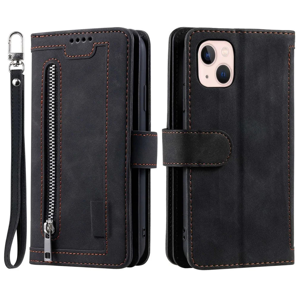PU Leather Phone Case for iPhone 15 Protective Case Zipper Pocket 9 Card Slots Phone Cover with Strap - Black - 1