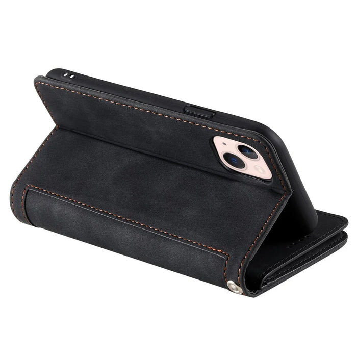 PU Leather Phone Case for iPhone 15 Protective Case Zipper Pocket 9 Card Slots Phone Cover with Strap - Black - 4
