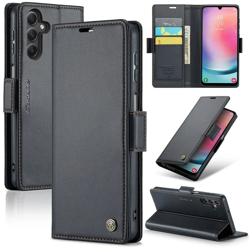For Samsung Galaxy A24 4G (162.1 x 77.6 x 8.3mm) Leather Case CASEME 023 RFID Blocking 3 Card Slot Mobile Cover - Black - 1