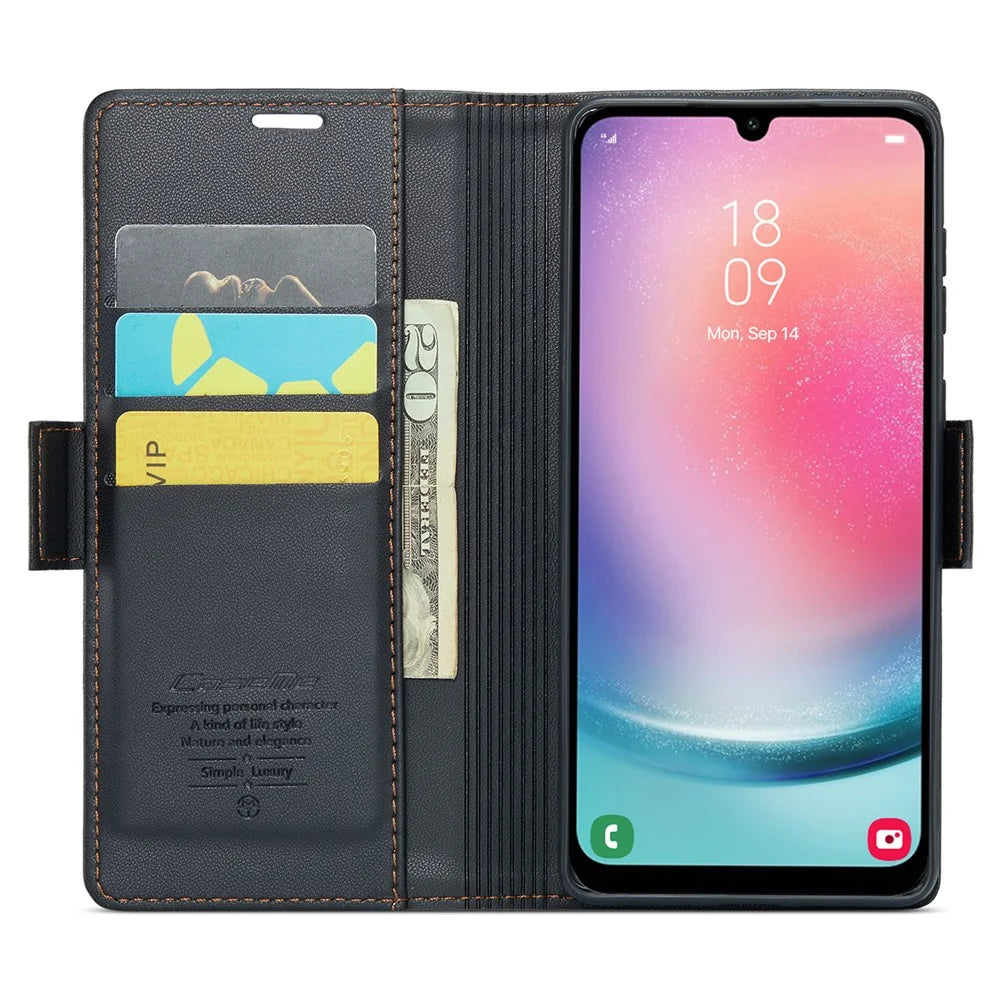 For Samsung Galaxy A24 4G (162.1 x 77.6 x 8.3mm) Leather Case CASEME 023 RFID Blocking 3 Card Slot Mobile Cover - Black - 2