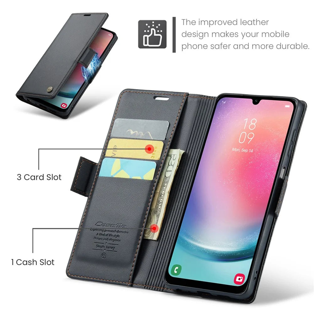 For Samsung Galaxy A24 4G (162.1 x 77.6 x 8.3mm) Leather Case CASEME 023 RFID Blocking 3 Card Slot Mobile Cover - Black - 5