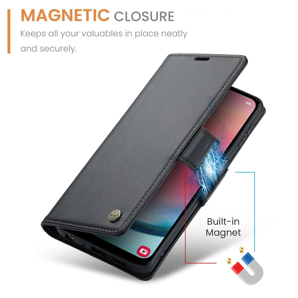 For Samsung Galaxy A24 4G (162.1 x 77.6 x 8.3mm) Leather Case CASEME 023 RFID Blocking 3 Card Slot Mobile Cover - Black - 6