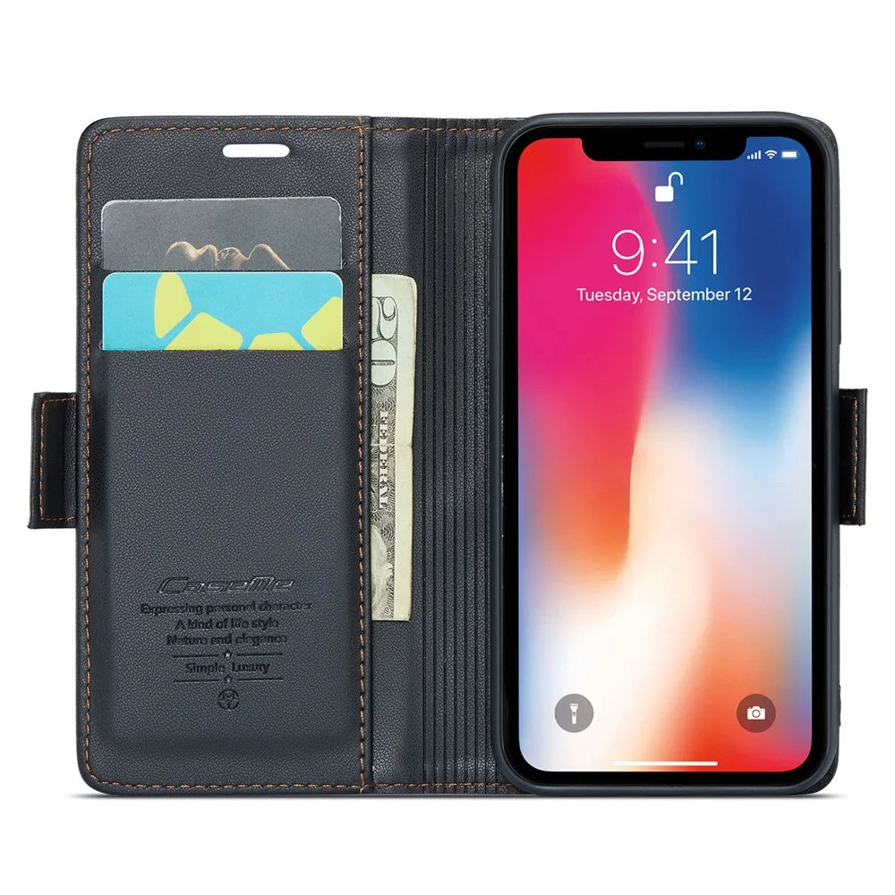 CASEME 023 Series RFID Blocking Leather Case for iPhone XS , Litchi Texture Stand Wallet Phone Cover - Black - 2