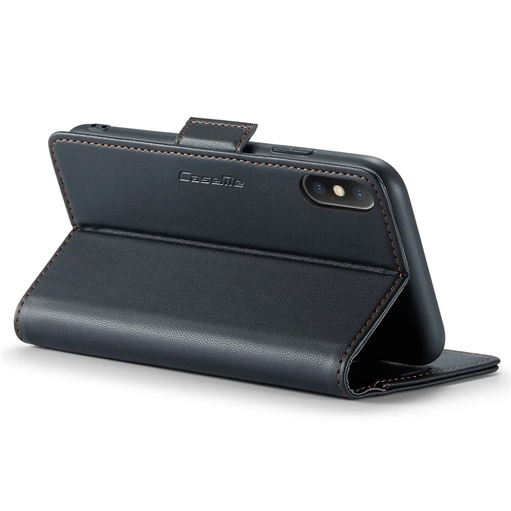 CASEME 023 Series RFID Blocking Leather Case for iPhone XS , Litchi Texture Stand Wallet Phone Cover - Black - 3