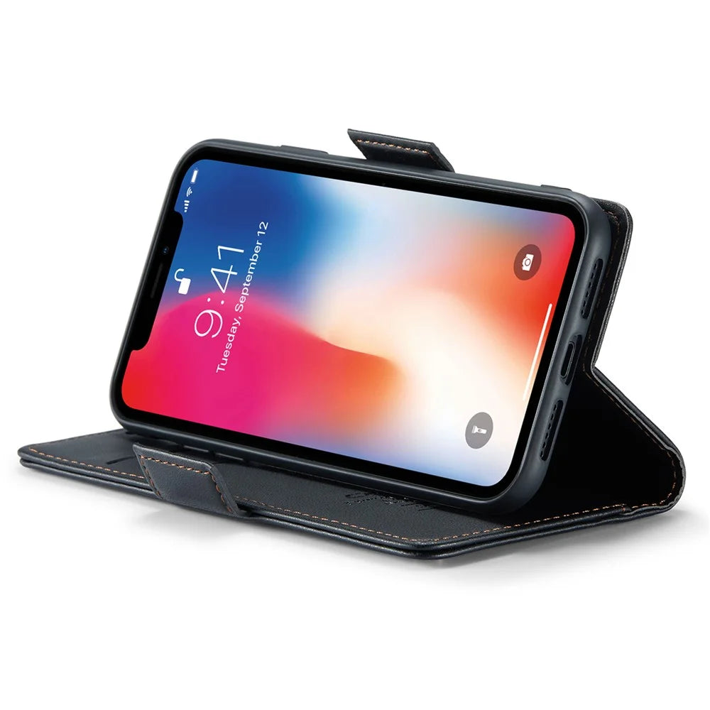 CASEME 023 Series RFID Blocking Leather Case for iPhone XS , Litchi Texture Stand Wallet Phone Cover - Black - 4