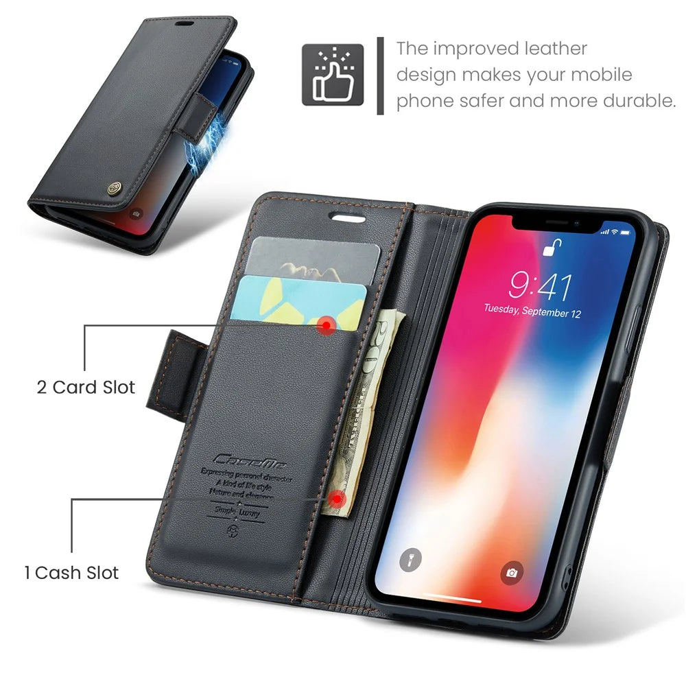 CASEME 023 Series RFID Blocking Leather Case for iPhone XS , Litchi Texture Stand Wallet Phone Cover - Black - 5