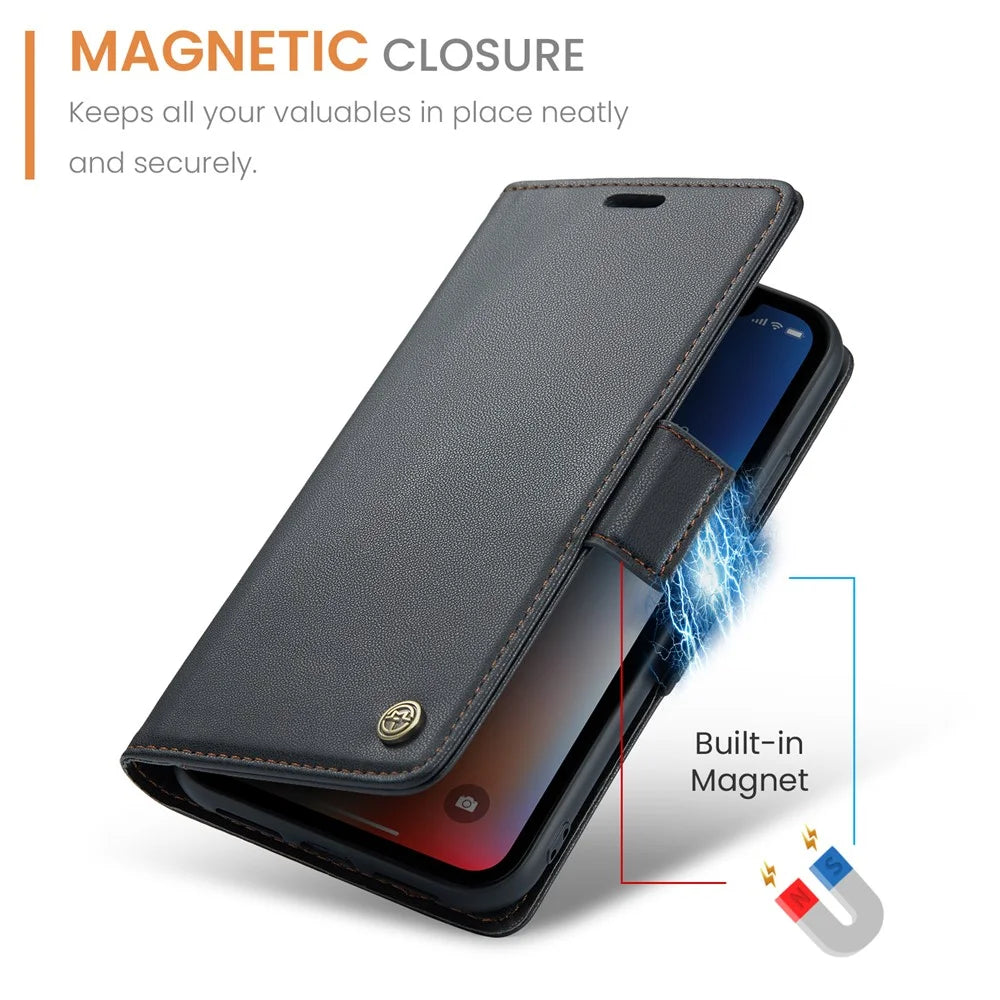CASEME 023 Series RFID Blocking Leather Case for iPhone XS , Litchi Texture Stand Wallet Phone Cover - Black - 6