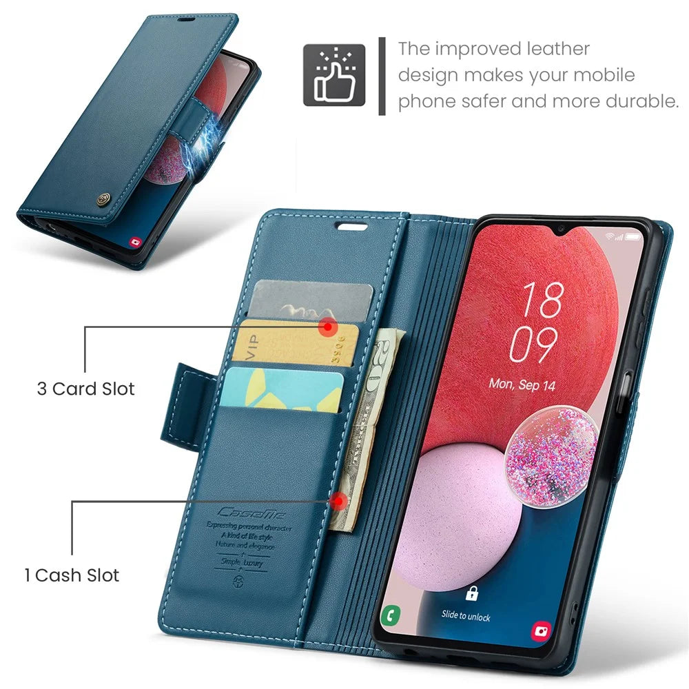 For Samsung Galaxy A13 4G / 5G / A04s 4G (164.7mm) /  A04 4G / M13 5G Leather Case CASEME 023 RFID Blocking 3 Card Slot Mobile Cover - Blue - 5