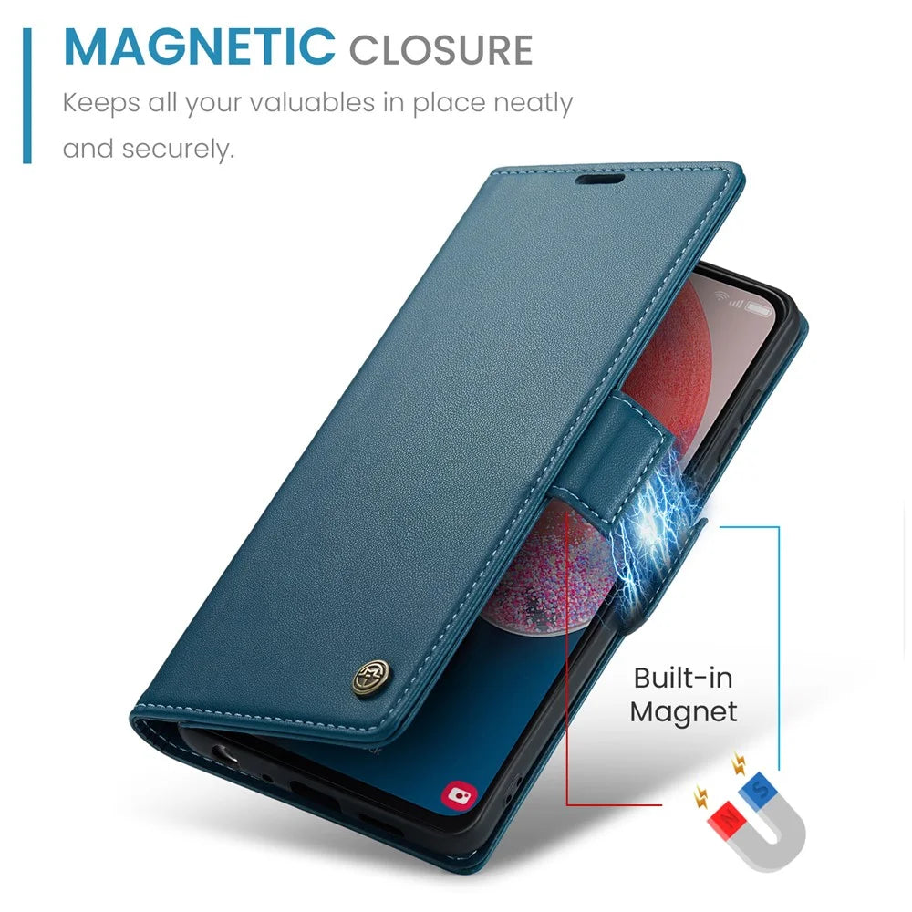 For Samsung Galaxy A13 4G / 5G / A04s 4G (164.7mm) /  A04 4G / M13 5G Leather Case CASEME 023 RFID Blocking 3 Card Slot Mobile Cover - Blue - 6
