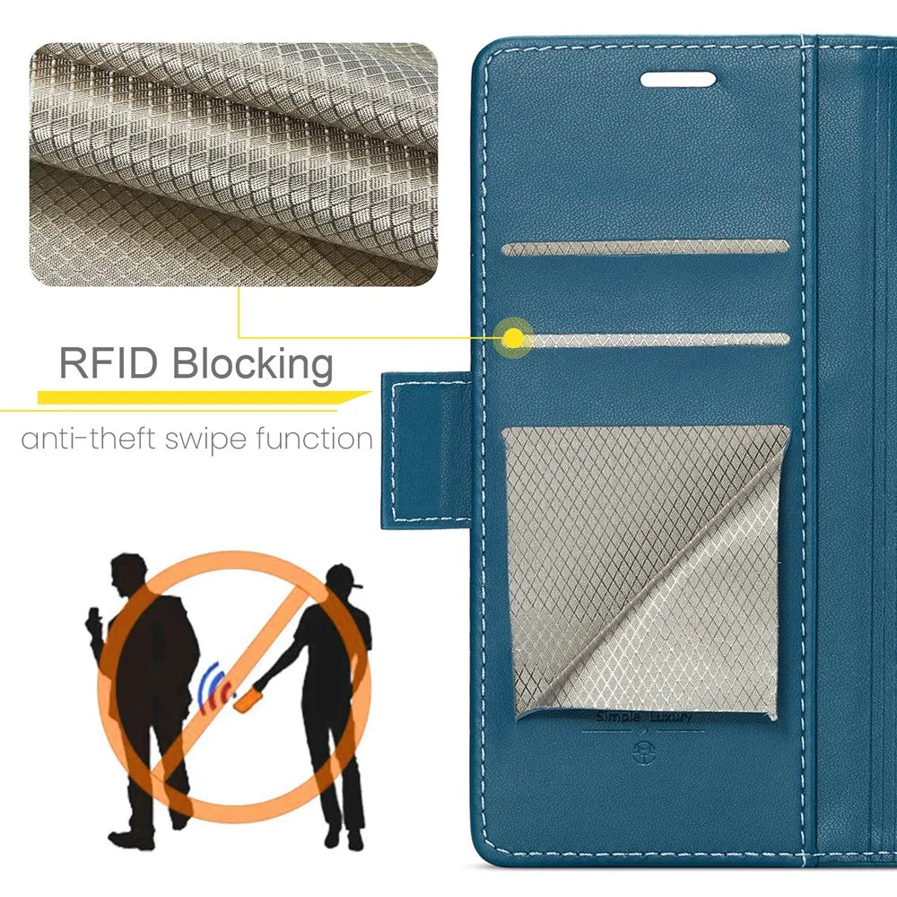 For Samsung Galaxy A13 4G / 5G / A04s 4G (164.7mm) /  A04 4G / M13 5G Leather Case CASEME 023 RFID Blocking 3 Card Slot Mobile Cover - Blue - 7