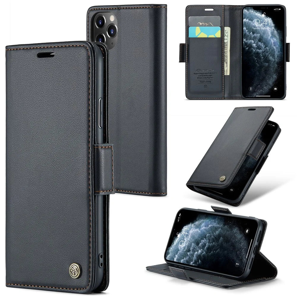 CASEME 023 Series Stand Leather Phone Case for iPhone 11 Pro , RFID Blocking Litchi Texture Wallet Cover - Black - 1