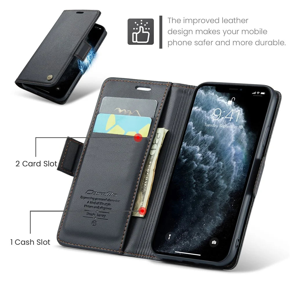 CASEME 023 Series Stand Leather Phone Case for iPhone 11 Pro , RFID Blocking Litchi Texture Wallet Cover - Black - 5
