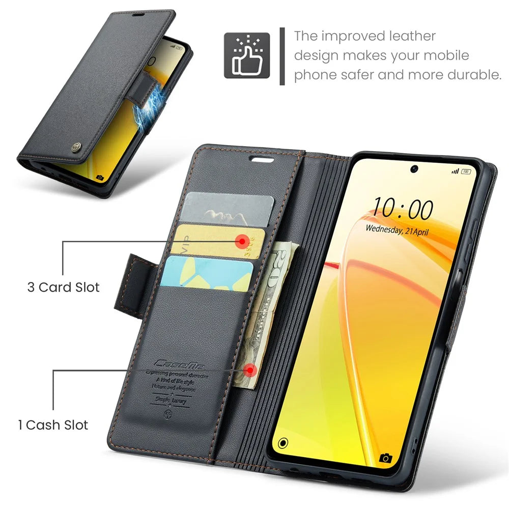 For Realme C55 4G Leather Case CASEME 023 RFID Blocking 3 Card Slot Mobile Cover - Black - 5