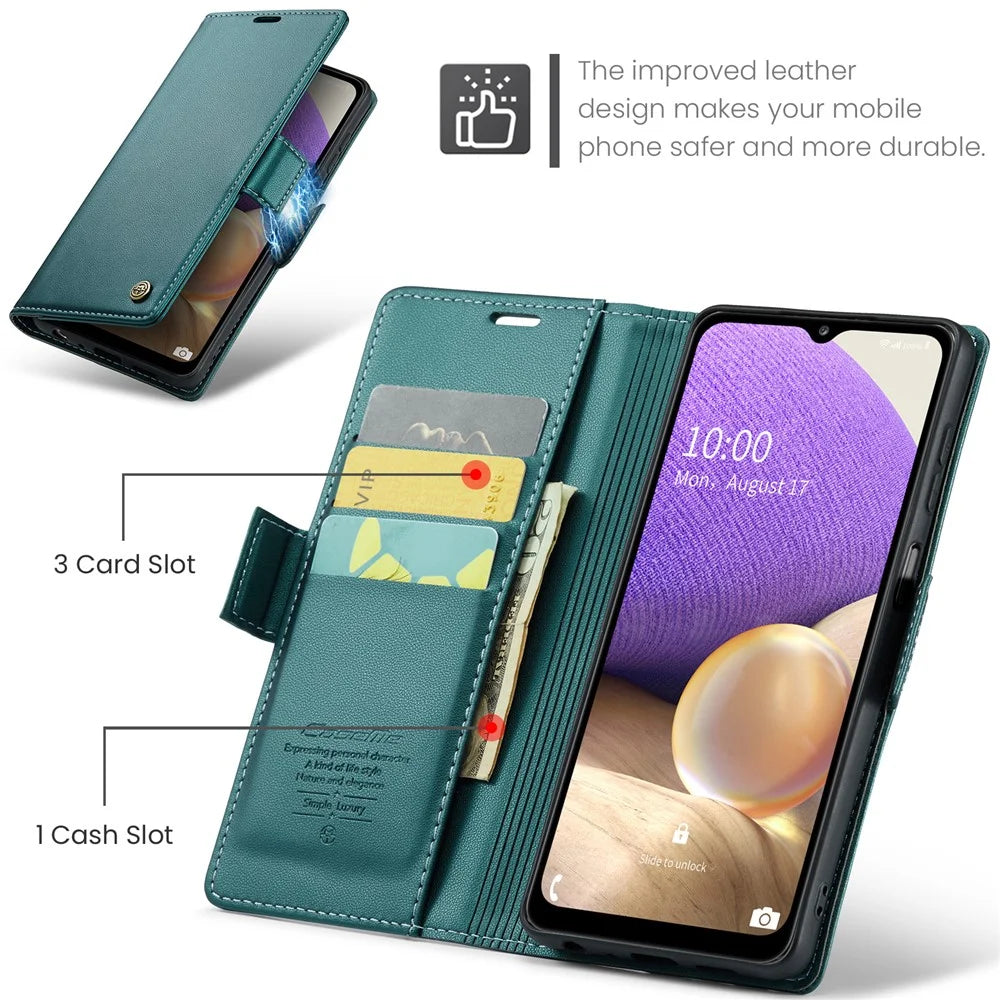 For Samsung Galaxy A32 5G / M32 5G Leather Case CASEME 023 RFID Blocking 3 Card Slot Mobile Cover - Green - 5