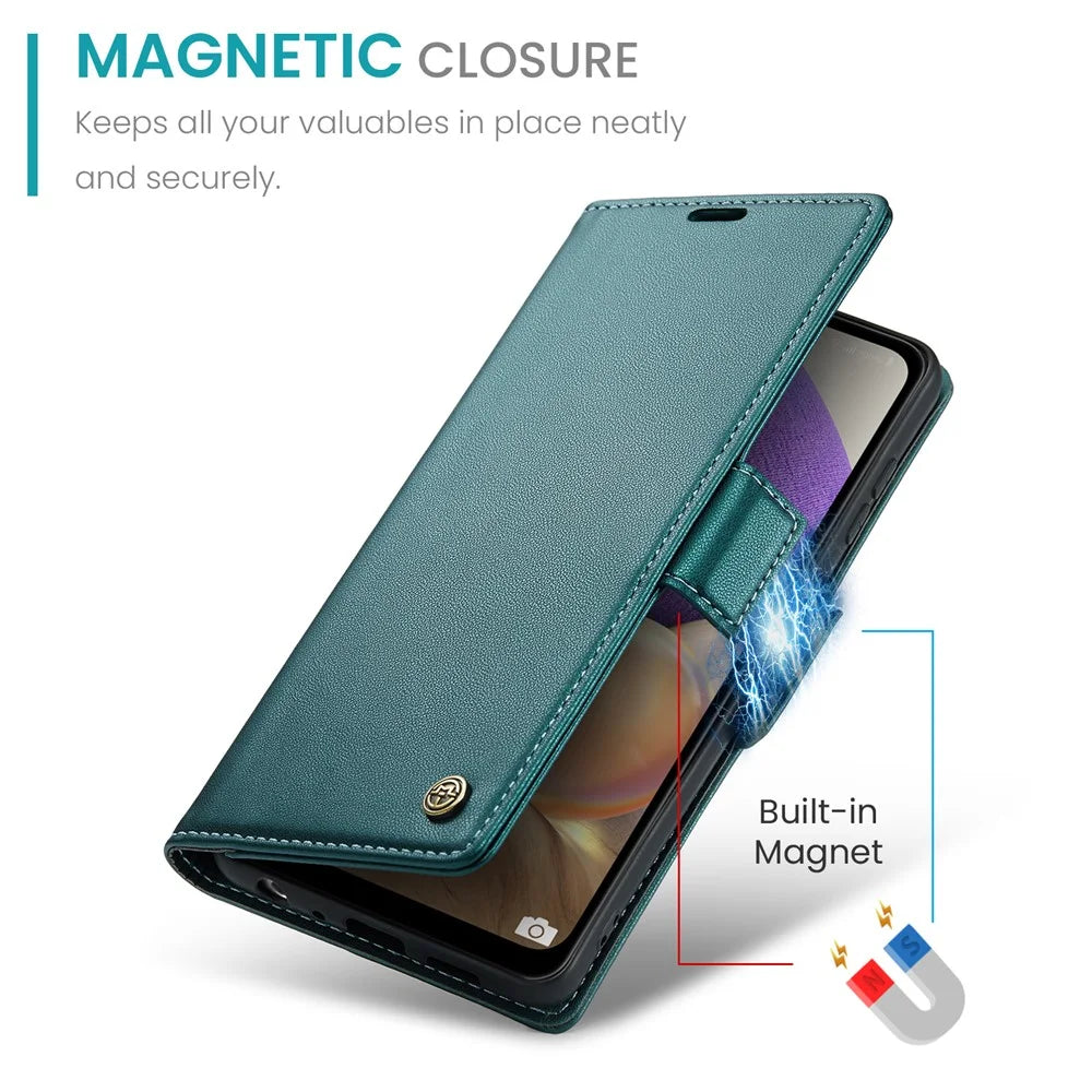 For Samsung Galaxy A32 5G / M32 5G Leather Case CASEME 023 RFID Blocking 3 Card Slot Mobile Cover - Green - 6