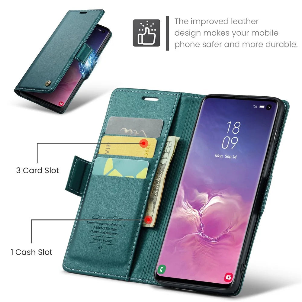 For Samsung Galaxy S10 Leather Case CASEME 023 RFID Blocking 3 Card Slot Mobile Cover - Green - 5