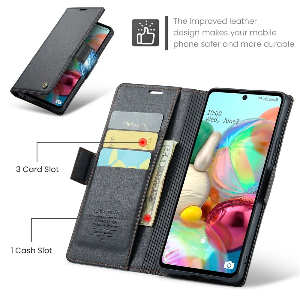 For Samsung Galaxy A71 4G SM-A715 Leather Case CASEME 023 RFID Blocking 3 Card Slot Mobile Cover - Black - 5