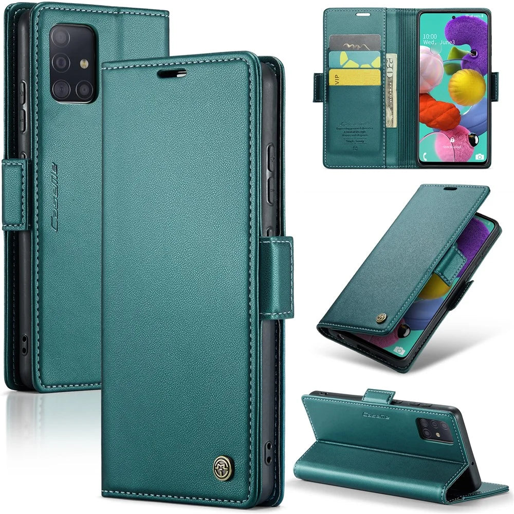 For Samsung Galaxy A51 4G SM-A515 / M40S Leather Case CASEME 023 RFID Blocking 3 Card Slot Mobile Cover - Green - 1
