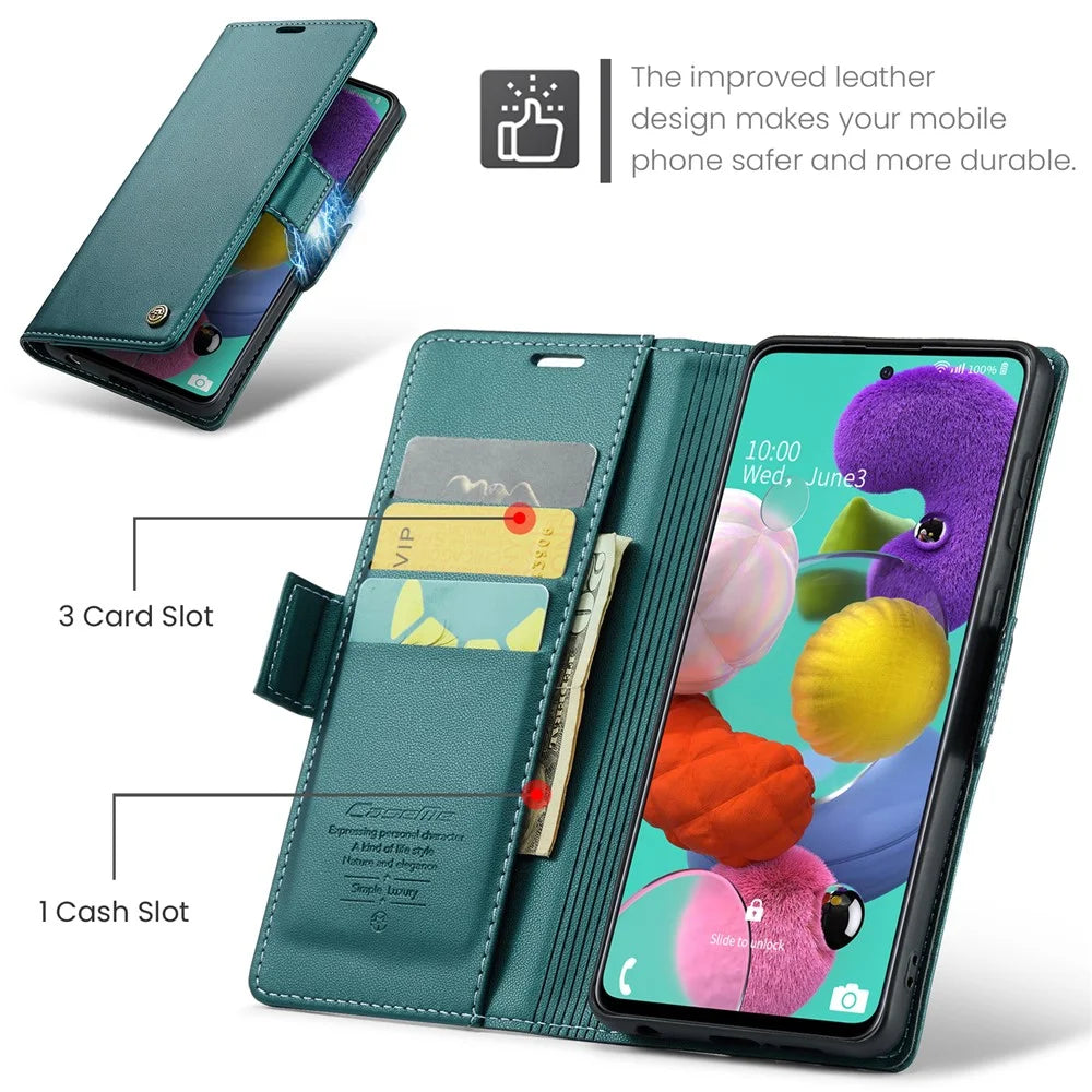 For Samsung Galaxy A51 4G SM-A515 / M40S Leather Case CASEME 023 RFID Blocking 3 Card Slot Mobile Cover - Green - 5