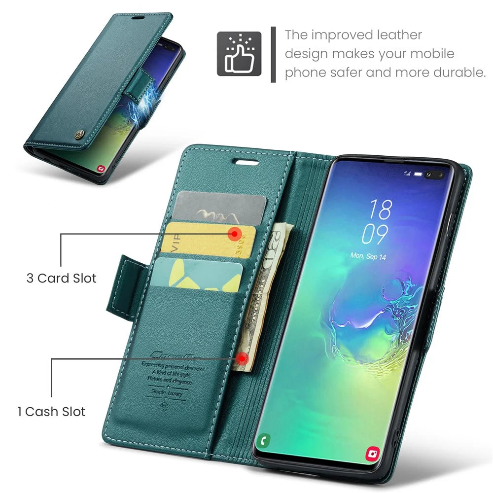 For Samsung Galaxy S10 Plus Leather Case CASEME 023 RFID Blocking 3 Card Slot Mobile Cover - Green - 5
