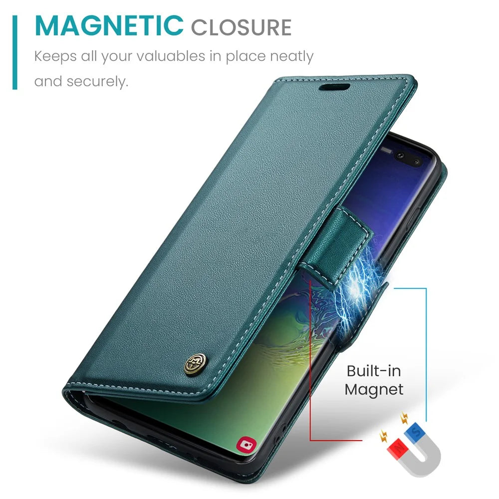 For Samsung Galaxy S10 Plus Leather Case CASEME 023 RFID Blocking 3 Card Slot Mobile Cover - Green - 6