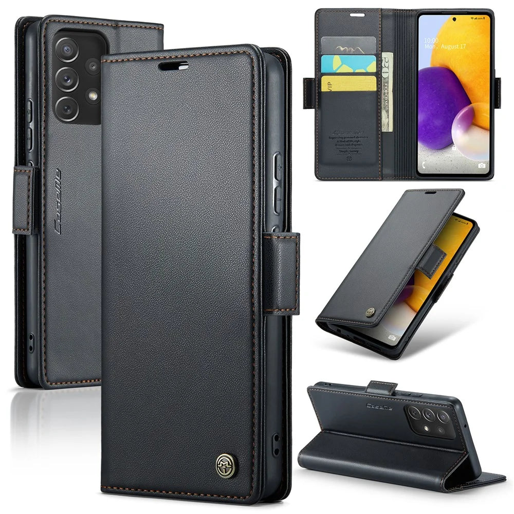 For Samsung Galaxy A72 4G / 5G Leather Case CASEME 023 RFID Blocking 3 Card Slot Mobile Cover - Black - 1