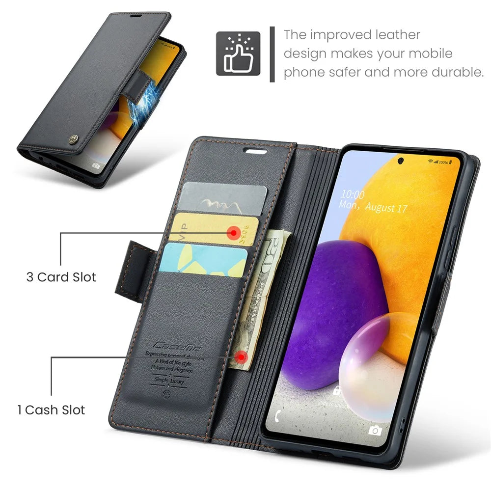 For Samsung Galaxy A72 4G / 5G Leather Case CASEME 023 RFID Blocking 3 Card Slot Mobile Cover - Black - 5