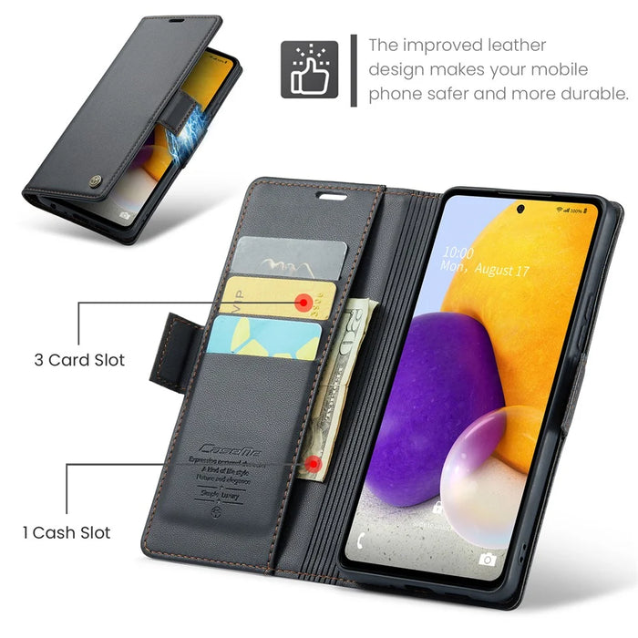 For Samsung Galaxy A72 4G / 5G Leather Case CASEME 023 RFID Blocking 3 Card Slot Mobile Cover - Black - 5