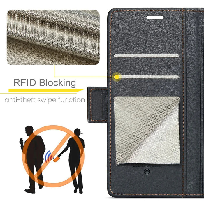 For Samsung Galaxy A72 4G / 5G Leather Case CASEME 023 RFID Blocking 3 Card Slot Mobile Cover - Black - 7