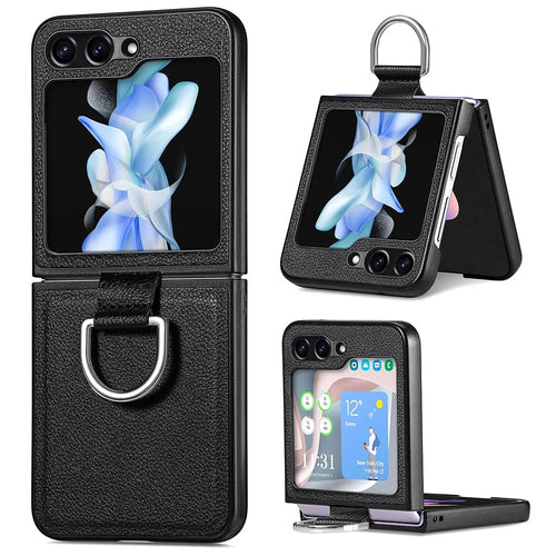 For Samsung Galaxy Z Flip5 5G Kickstand Phone Case Litchi Texture Leather+Hard PC Protective Cover - Black - 1